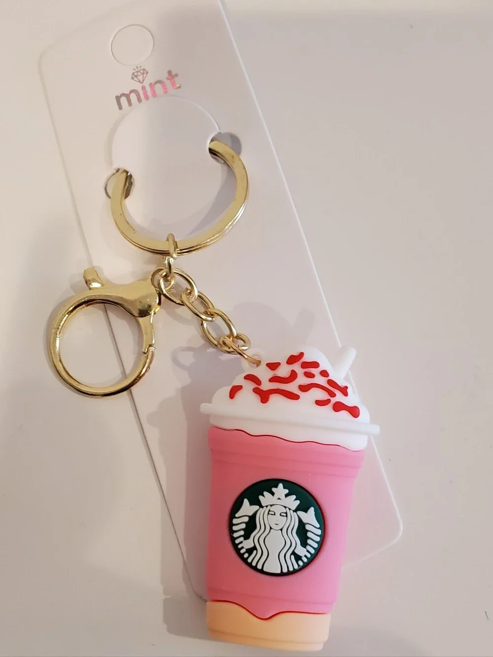 Mint Pink & White Coffee Cup Keychain with Gold Hardware